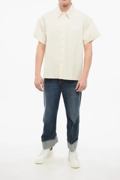 New Camicia a Maniche Corte con Bordo a Taglio Vivo Uomo Camicie