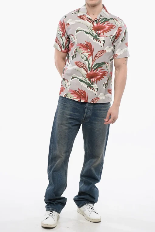 Online Camicia A maniche Corte In Misto Lino Con Stampa Floreale Uomo Camicie