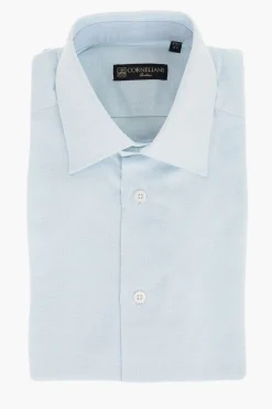 Sale Camicia a Maniche Corte in Lino e Cotone con Collo Francese Uomo Camicie