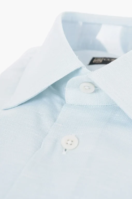 Sale Camicia a Maniche Corte in Lino e Cotone con Collo Francese Uomo Camicie