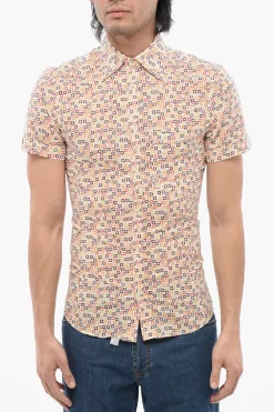 New Camicia a Maniche Corte in Misto Cotone con Motivo Geometrico Uomo Camicie