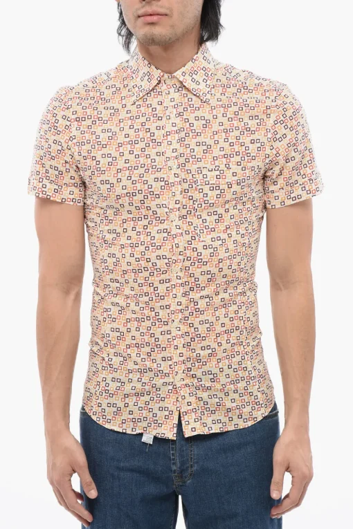 New Camicia a Maniche Corte in Misto Cotone con Motivo Geometrico Uomo Camicie