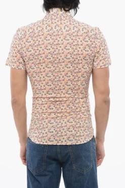 New Camicia a Maniche Corte in Misto Cotone con Motivo Geometrico Uomo Camicie
