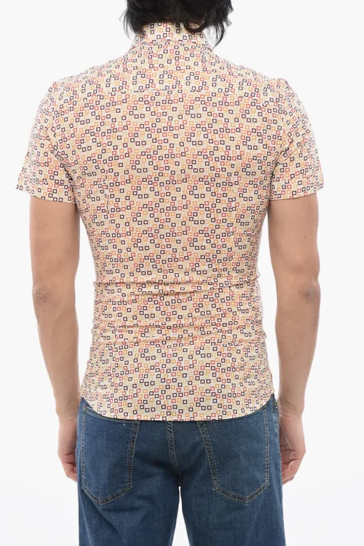 New Camicia a Maniche Corte in Misto Cotone con Motivo Geometrico Uomo Camicie