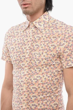 New Camicia a Maniche Corte in Misto Cotone con Motivo Geometrico Uomo Camicie