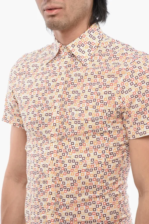 New Camicia a Maniche Corte in Misto Cotone con Motivo Geometrico Uomo Camicie