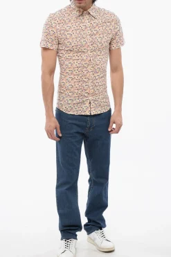 New Camicia a Maniche Corte in Misto Cotone con Motivo Geometrico Uomo Camicie