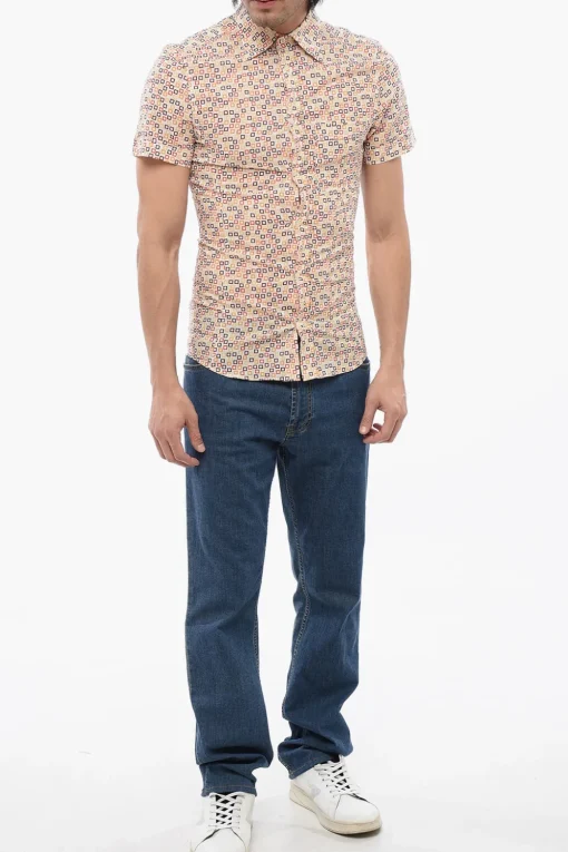 New Camicia a Maniche Corte in Misto Cotone con Motivo Geometrico Uomo Camicie