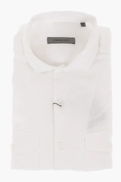 Camicia a Maniche Corte in Lino con Tasche Utility>Corneliani Outlet