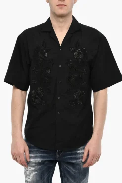 Camicia a Maniche Corte in Motivo Floreale con Strass>Dsquared2 Fashion