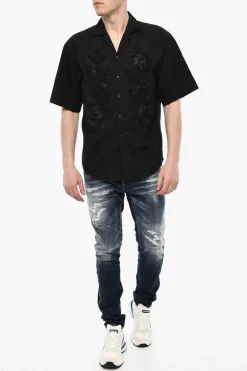 Camicia a Maniche Corte in Motivo Floreale con Strass></noscript>Dsquared2 Fashion
