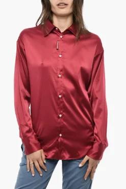 Camicia A Maniche Lunghe In Raso Con Logo In Strass>Dsquared2 Fashion