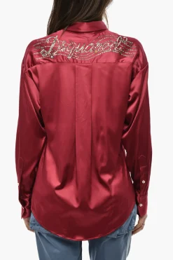 Camicia A Maniche Lunghe In Raso Con Logo In Strass>Dsquared2 Fashion
