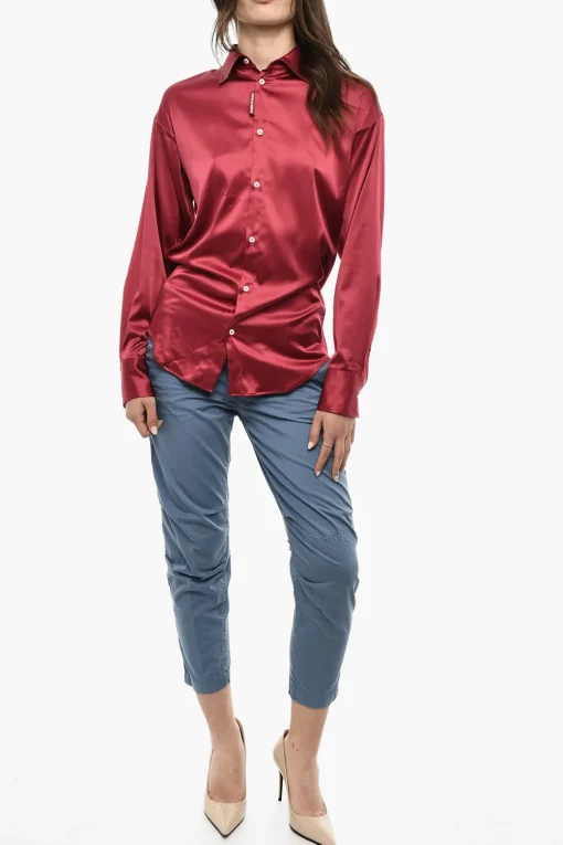 Camicia A Maniche Lunghe In Raso Con Logo In Strass>Dsquared2 Fashion