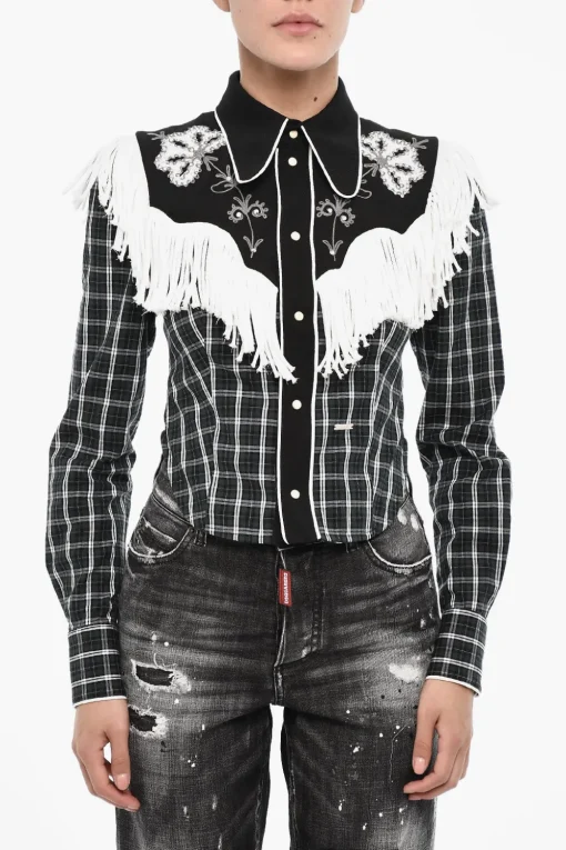 Discount Camicia a Quadri con Frange e Bottoni Automatici Donna Camicie