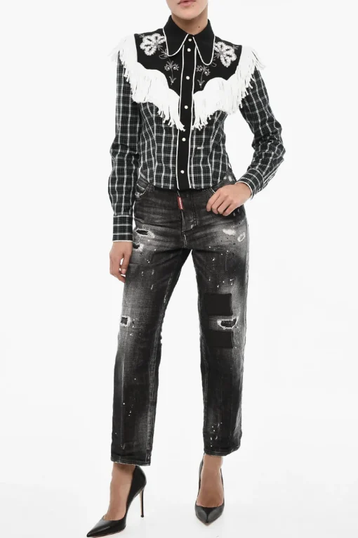 Discount Camicia a Quadri con Frange e Bottoni Automatici Donna Camicie