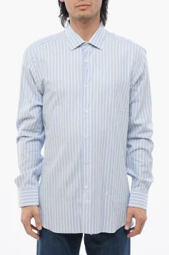 Outlet Camicia a Righe in Cotone con Collo Francese Uomo Camicie