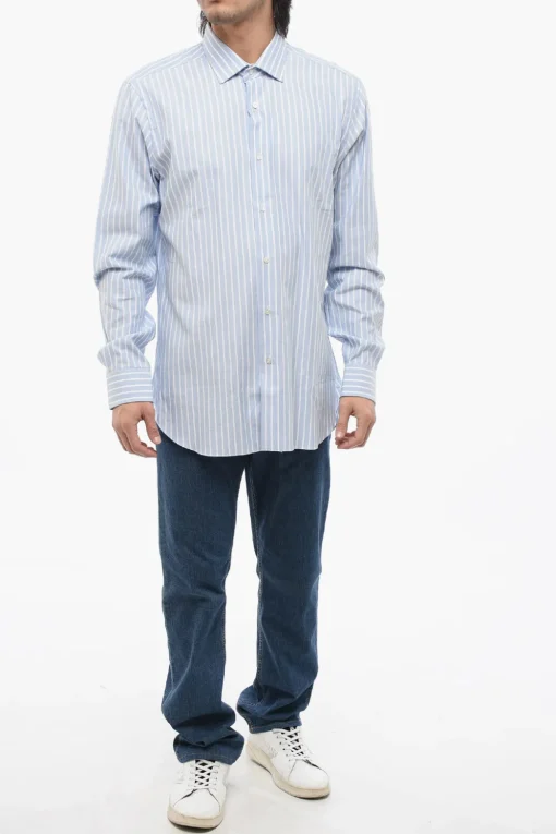 Outlet Camicia a Righe in Cotone con Collo Francese Uomo Camicie