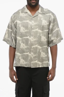 Outlet Camicia Bowling in Misto Lino Stampato Uomo Camicie