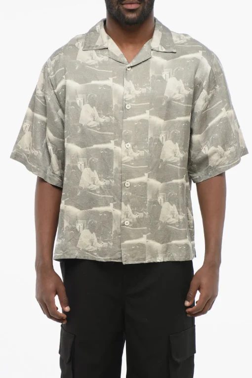 Outlet Camicia Bowling in Misto Lino Stampato Uomo Camicie