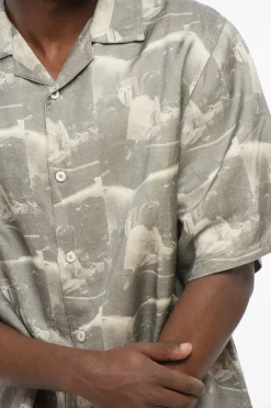 Outlet Camicia Bowling in Misto Lino Stampato Uomo Camicie