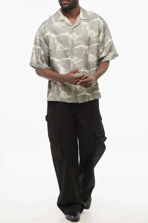 Outlet Camicia Bowling in Misto Lino Stampato Uomo Camicie