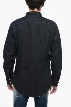 Outlet Camicia Button-down DEAN in Denim Lavaggio Scuro Uomo Camicie