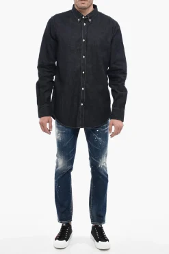 Outlet Camicia Button-down DEAN in Denim Lavaggio Scuro Uomo Camicie