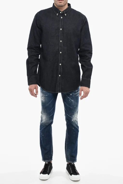 Outlet Camicia Button-down DEAN in Denim Lavaggio Scuro Uomo Camicie