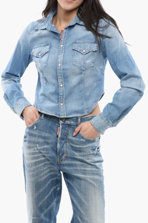Hot Camicia Crop in Denim Lavaggio Chiaro Donna Camicie