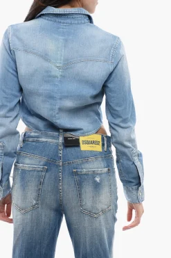 Hot Camicia Crop in Denim Lavaggio Chiaro Donna Camicie