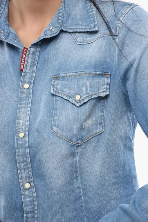 Hot Camicia Crop in Denim Lavaggio Chiaro Donna Camicie