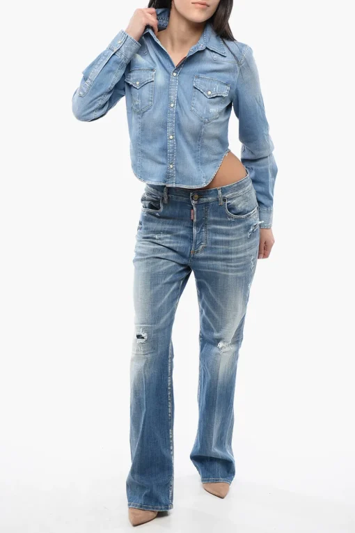 Hot Camicia Crop in Denim Lavaggio Chiaro Donna Camicie