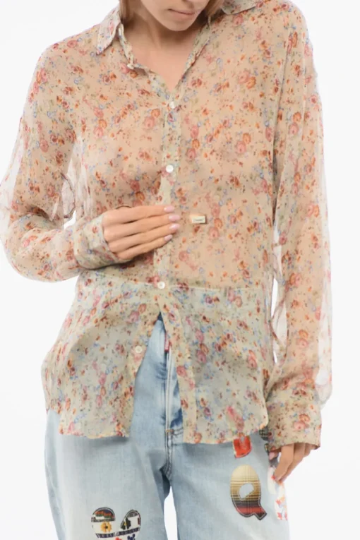 Outlet Camicia in Chiffon di Seta con Motivo Floreale Donna Camicie