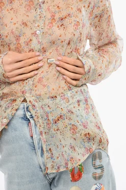 Outlet Camicia in Chiffon di Seta con Motivo Floreale Donna Camicie