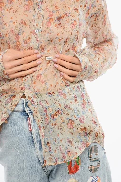 Outlet Camicia in Chiffon di Seta con Motivo Floreale Donna Camicie