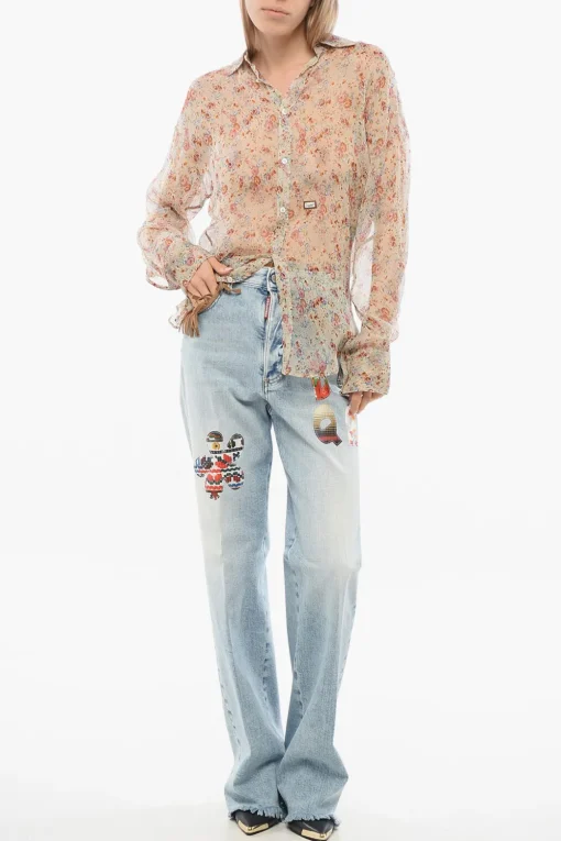 Outlet Camicia in Chiffon di Seta con Motivo Floreale Donna Camicie