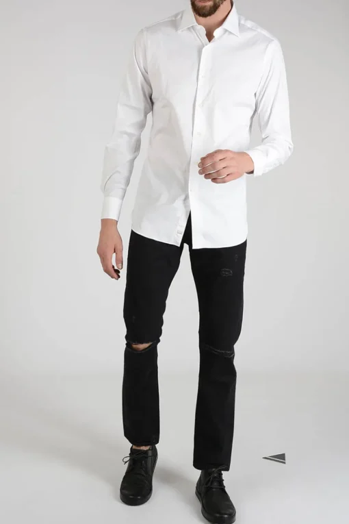 Fashion Camicia in Cotone Misto Con Collo Francese Uomo Camicie