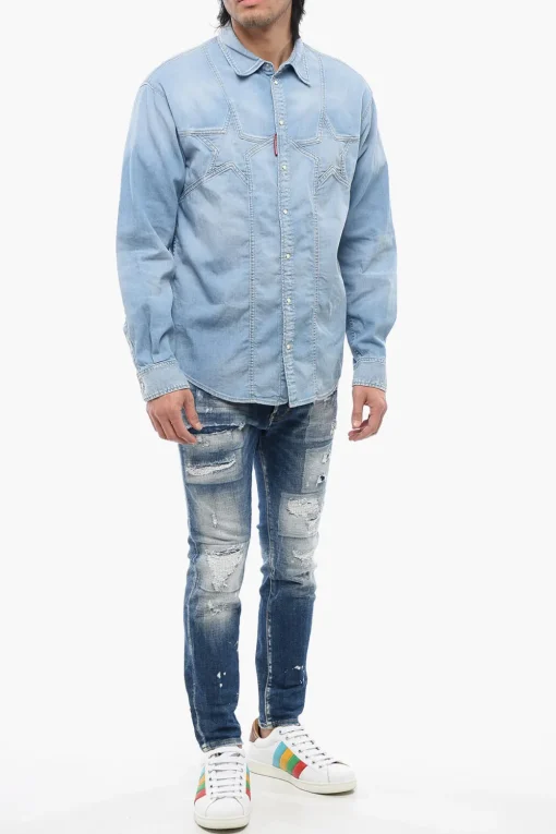Online Camicia in Denim con Motivo Star Uomo Camicie