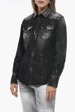 Best Camicia in Denim Distressed con Motivo Schizzi di Vernice Donna Camicie