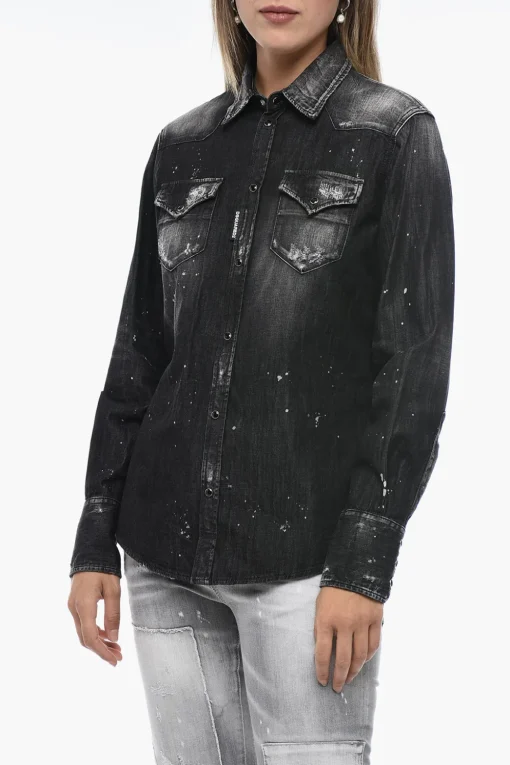 Best Camicia in Denim Distressed con Motivo Schizzi di Vernice Donna Camicie
