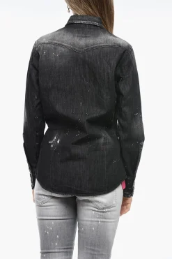 Best Camicia in Denim Distressed con Motivo Schizzi di Vernice Donna Camicie