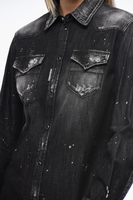 Best Camicia in Denim Distressed con Motivo Schizzi di Vernice Donna Camicie