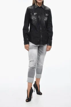 Best Camicia in Denim Distressed con Motivo Schizzi di Vernice Donna Camicie