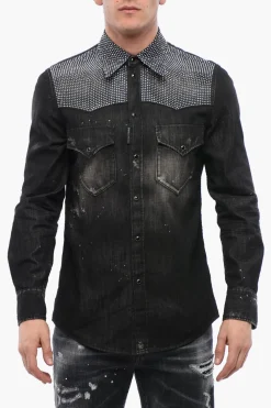 Camicia in Denim Distressed con Strass>Dsquared2 Fashion