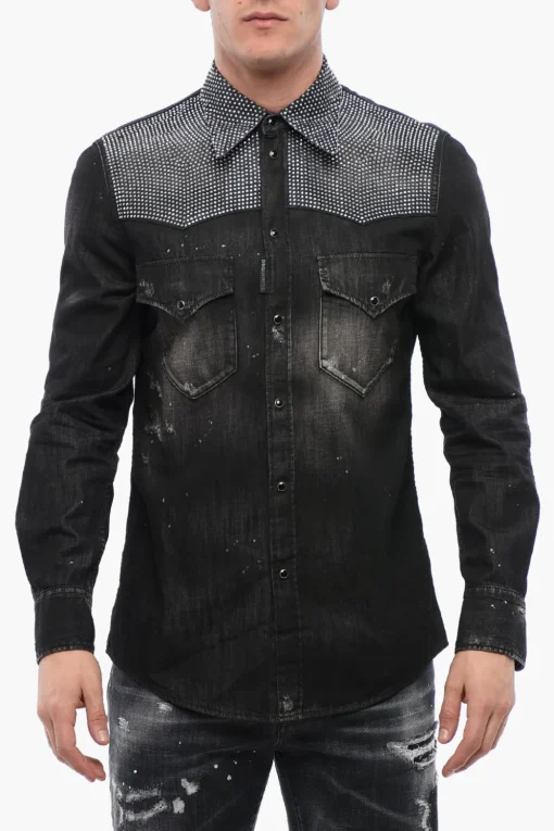Camicia in Denim Distressed con Strass>Dsquared2 Fashion