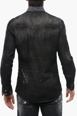 Camicia in Denim Distressed con Strass>Dsquared2 Fashion