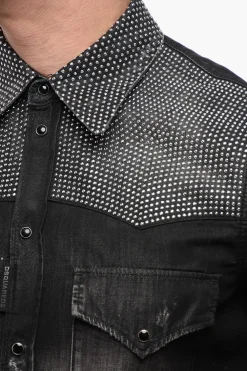 Camicia in Denim Distressed con Strass></noscript>Dsquared2 Fashion