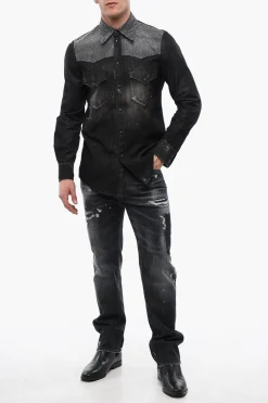 Camicia in Denim Distressed con Strass></noscript>Dsquared2 Fashion