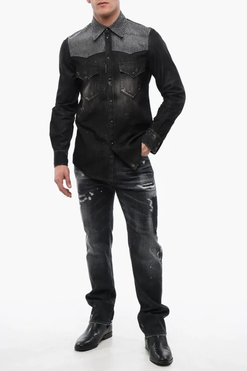 Camicia in Denim Distressed con Strass>Dsquared2 Fashion
